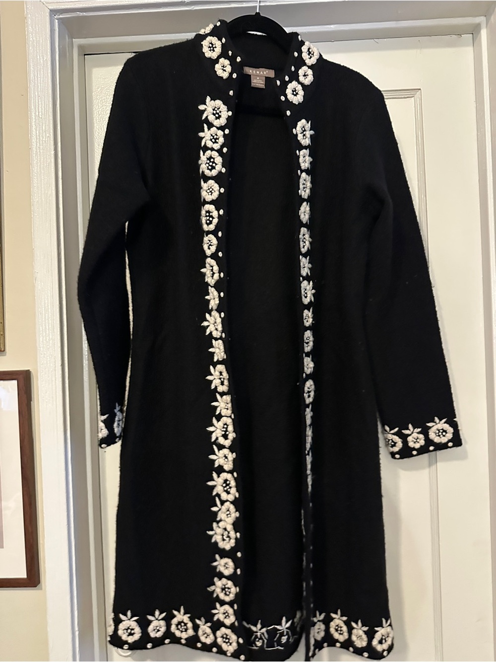Kenar Black Embroidered Floral Open-Front Dress Coat